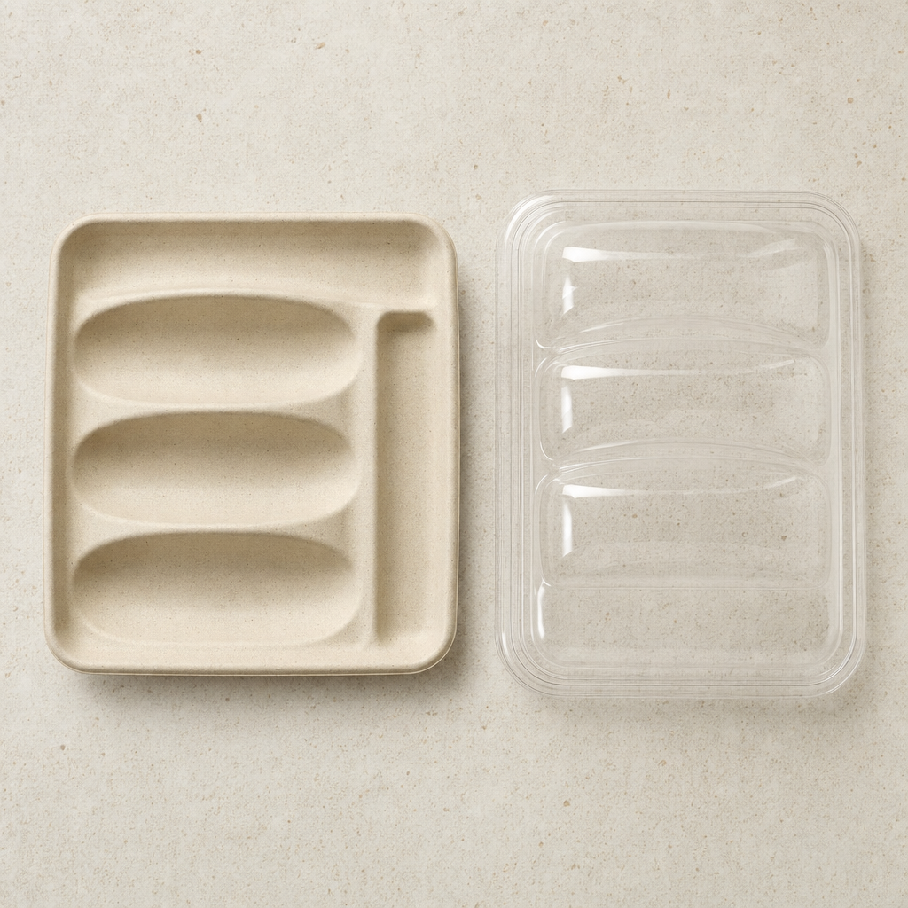 Flat lay of one natural kraft paper taco holder tray with three curved slots and a side compartment, beside its clear plastic dome lid