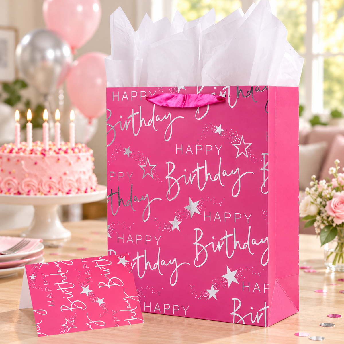 Pink birthday bag, white tissue and matching greeting card styled on a birthday table. Cake and decor are not included.
