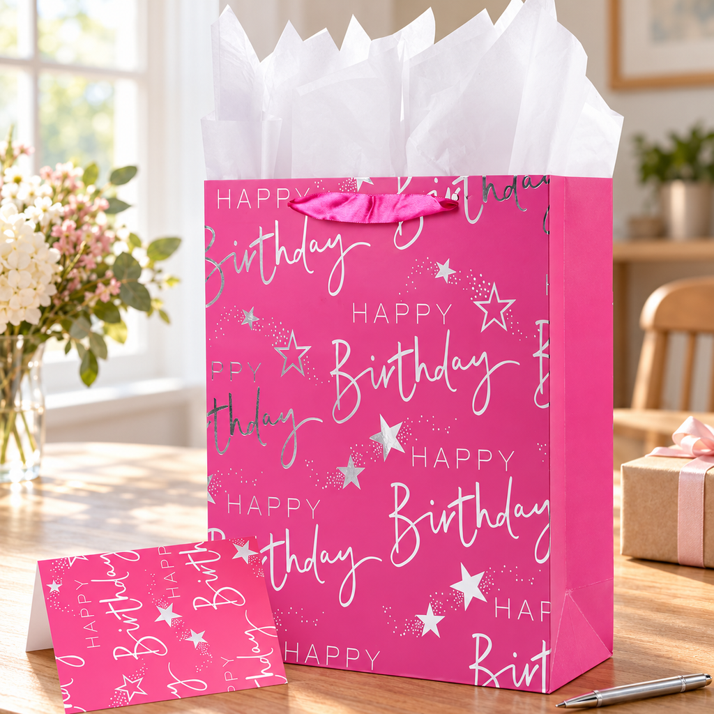 Pink birthday gift bag with matching card and white tissue on a wrapping desk. Gift box and pen are styling props.