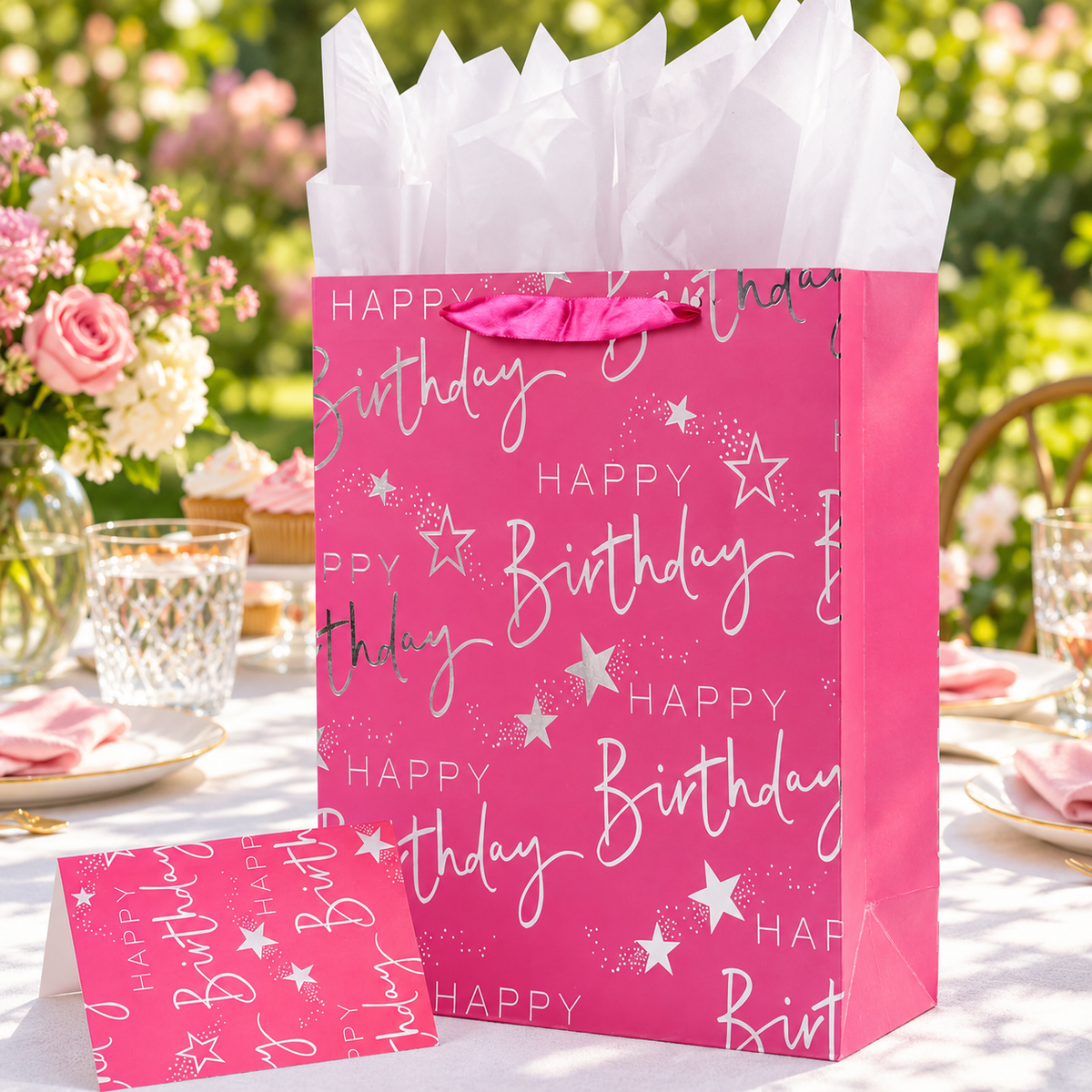 Pink birthday gift bag, tissue and matching card at a garden brunch. Tableware and decor are not included.