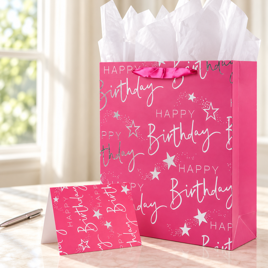 Matching pink birthday greeting card beside the 12.6-inch gift bag and white tissue. Pen is a styling prop.