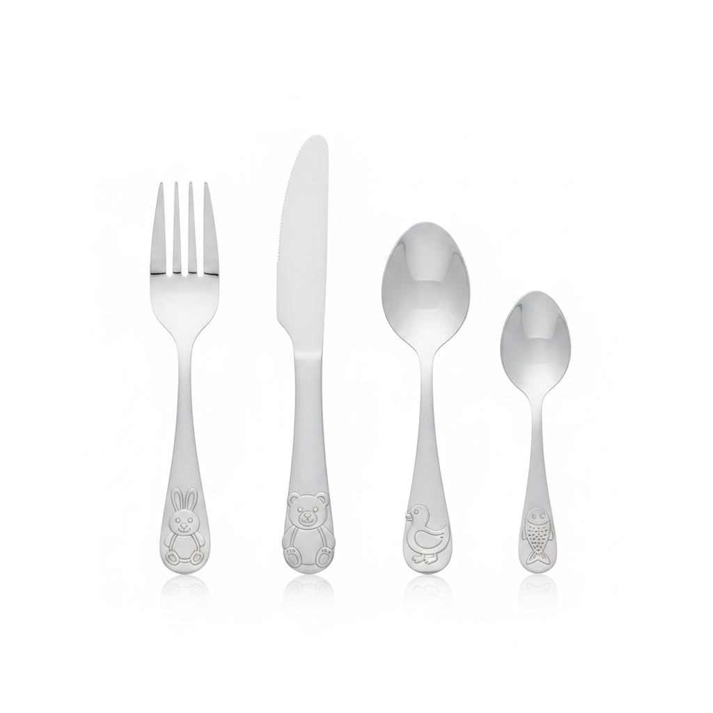 Kids 4-piece stainless steel cutlery set with rabbit, bear, duck and fish embossed handles on white background