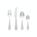 Kids 4-piece stainless steel cutlery set with rabbit, bear, duck and fish embossed handles on white background
