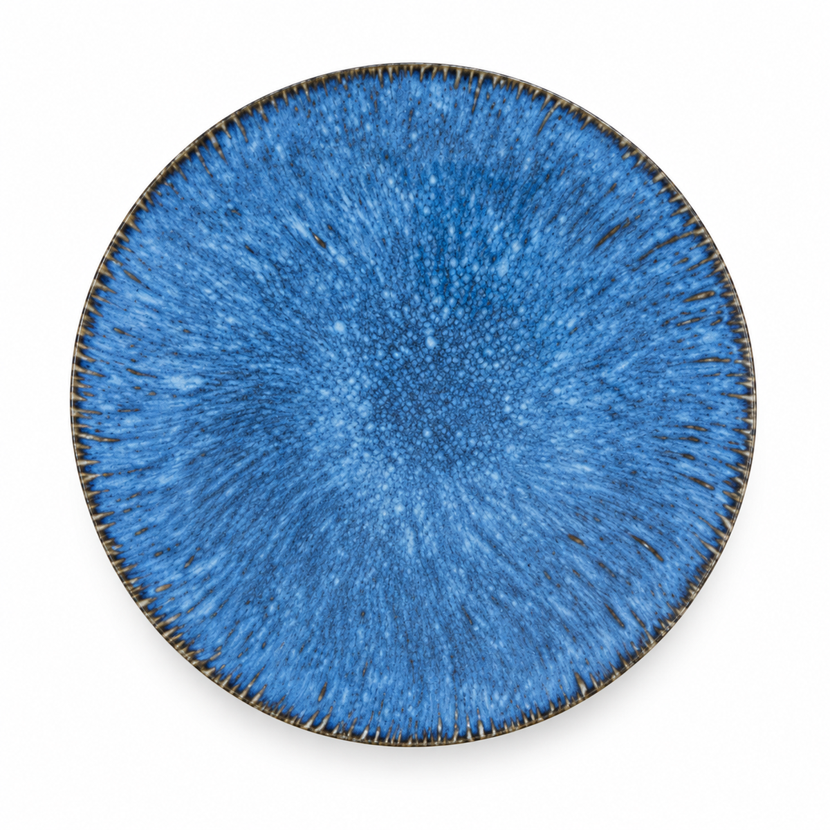 8-inch flat kiln-blue ceramic plate on white, with its radial glaze pattern