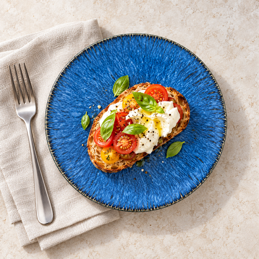 8-inch flat kiln-blue plate with a light tomato and burrata toast; food and accessories not included
