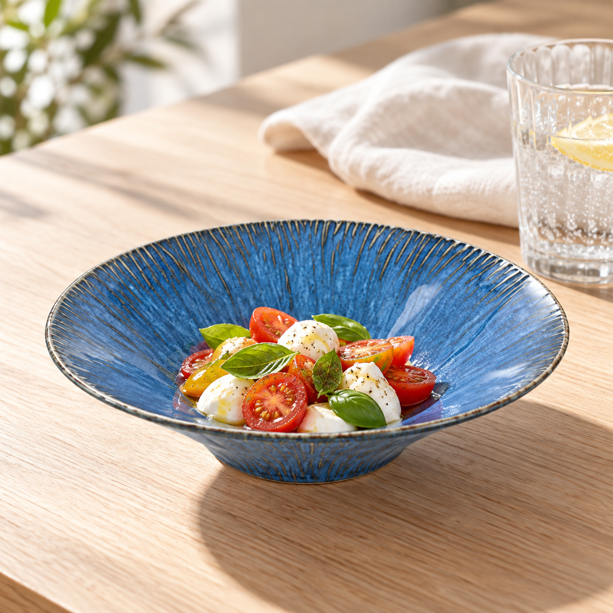 7.5-inch wide-rim kiln-blue hat bowl with a small salad; food and accessories not included