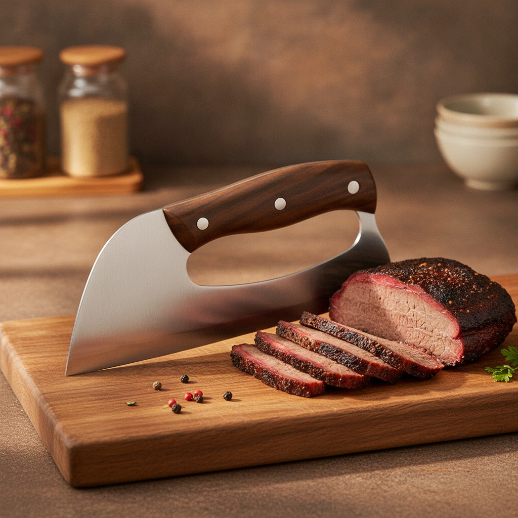 Curved Serbian-style slicing knife on wooden board with sliced beef brisket