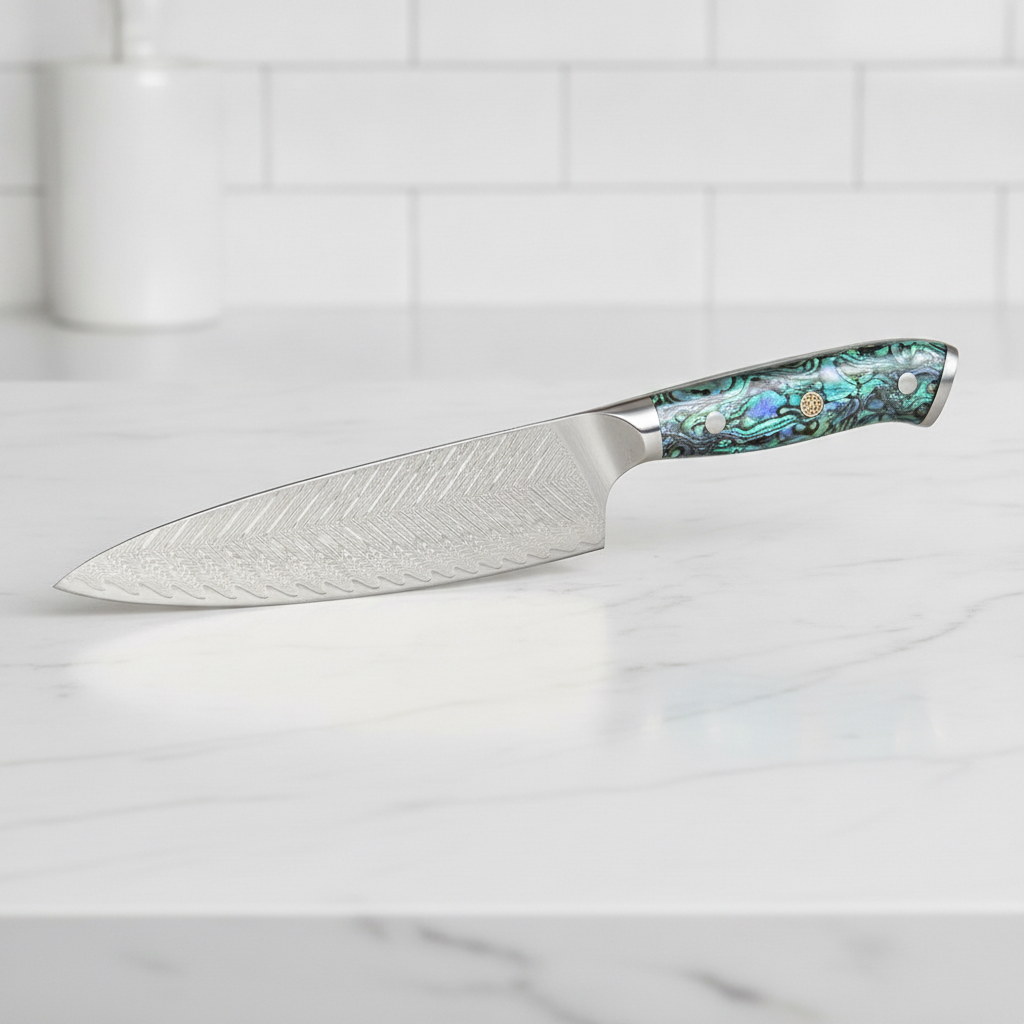 Damascus-pattern chef knife with iridescent abalone-resin handle on a marble counter