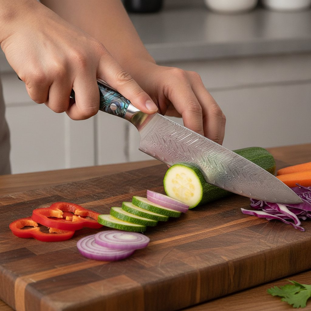 Damascus abalone-handle knife slicing fresh vegetables on a wooden board