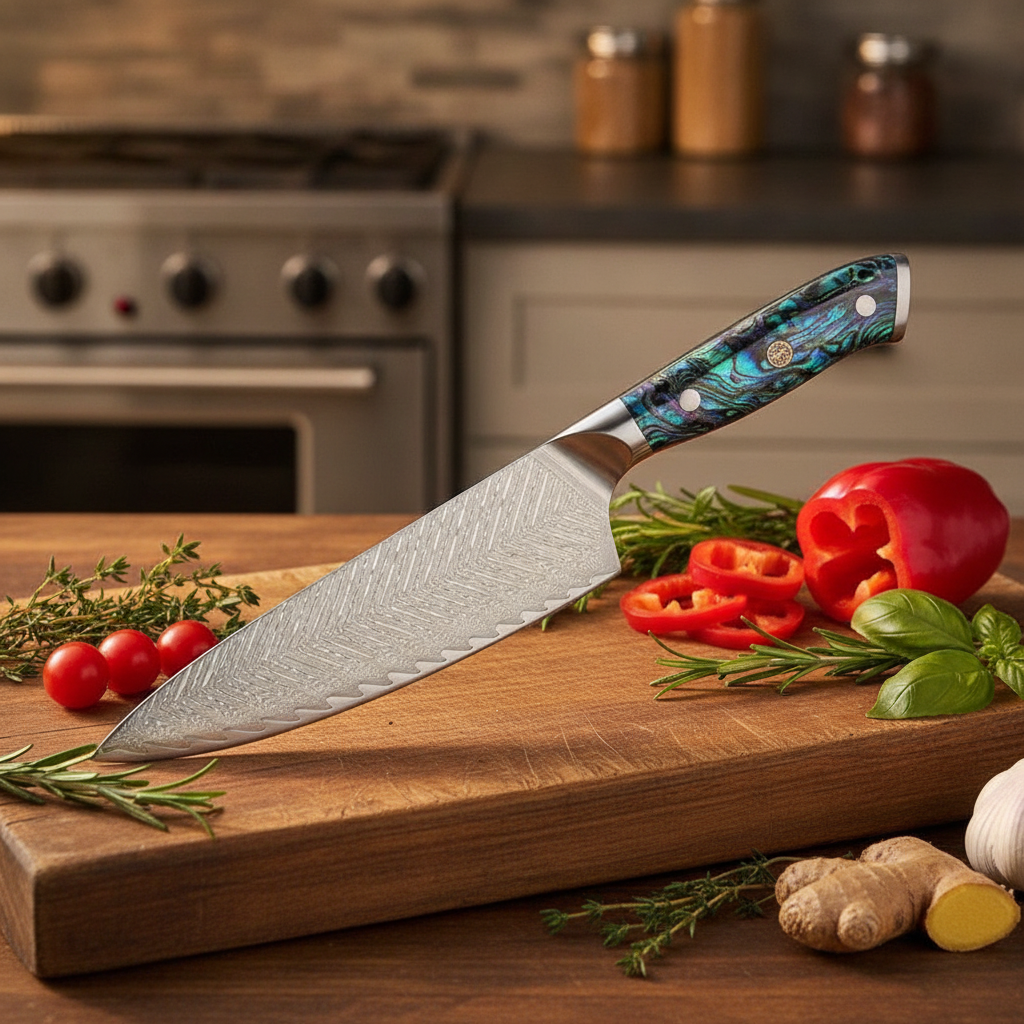 Damascus abalone-handle knife resting on a wooden board with fresh herbs and produce