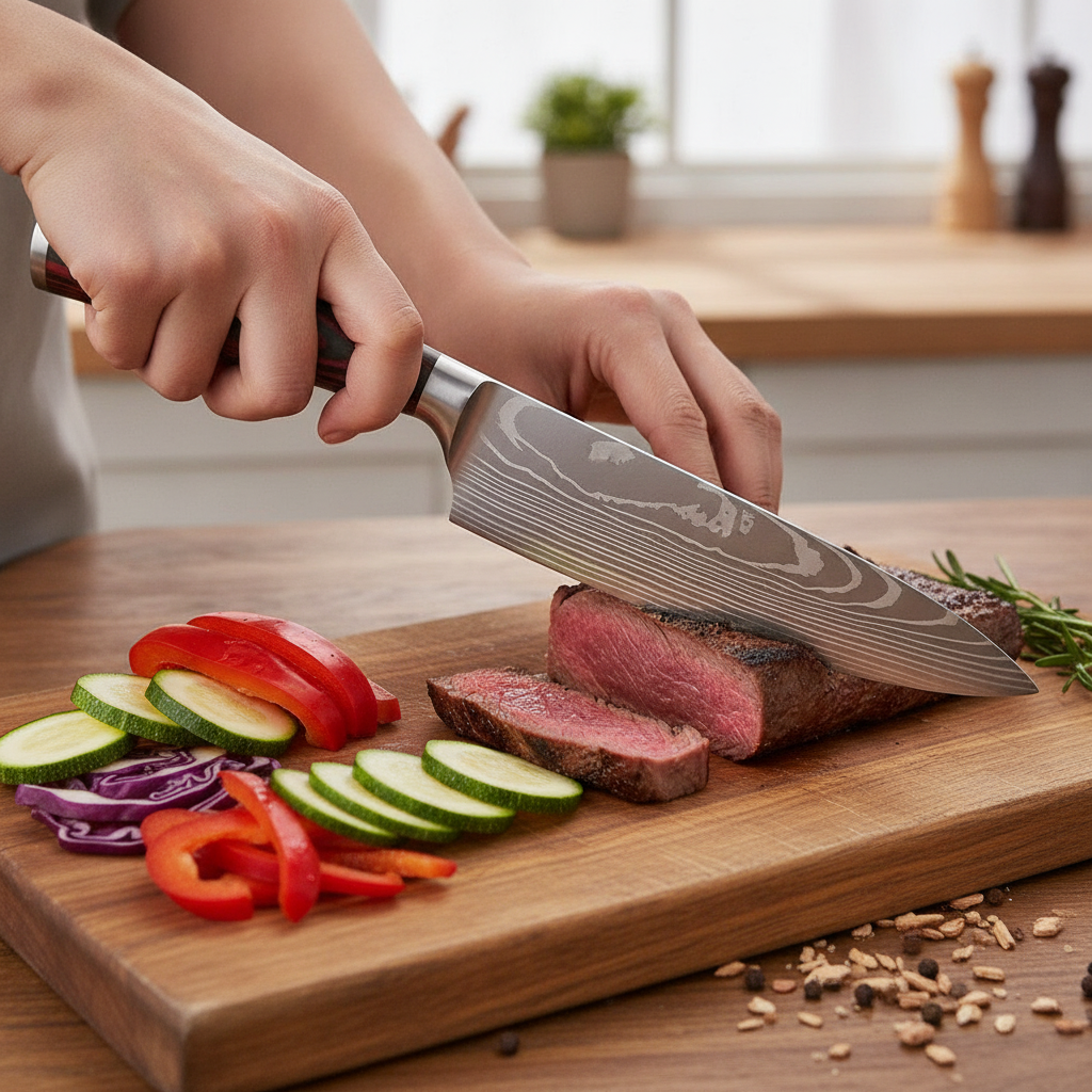 Damascus-pattern knife slicing steak and vegetables on a wood board