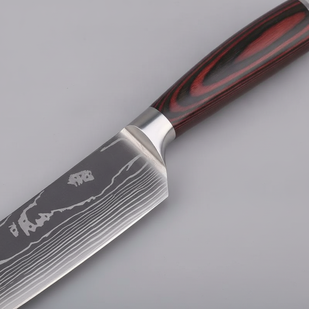 Close-up of pakkawood handle, stainless bolster and laser Damascus blade pattern