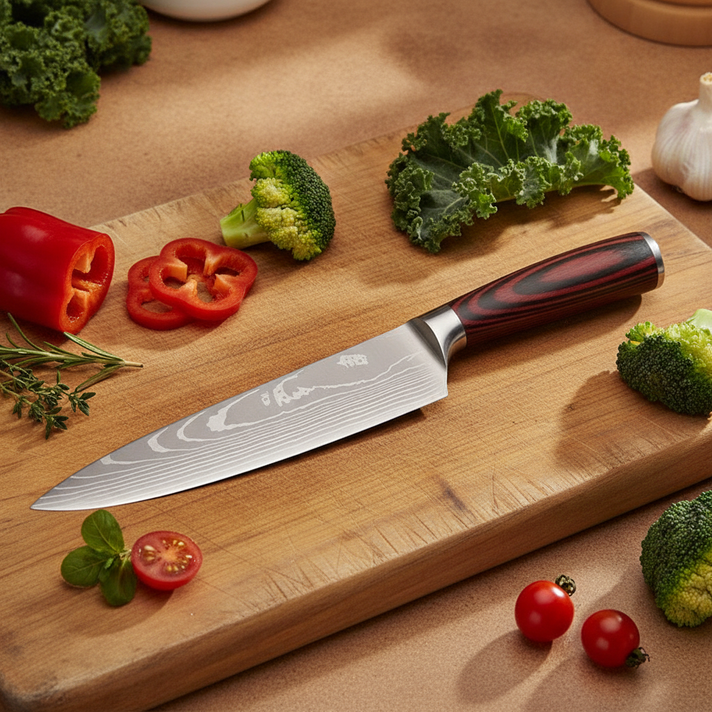 Chef knife on a wooden board surrounded by fresh produce