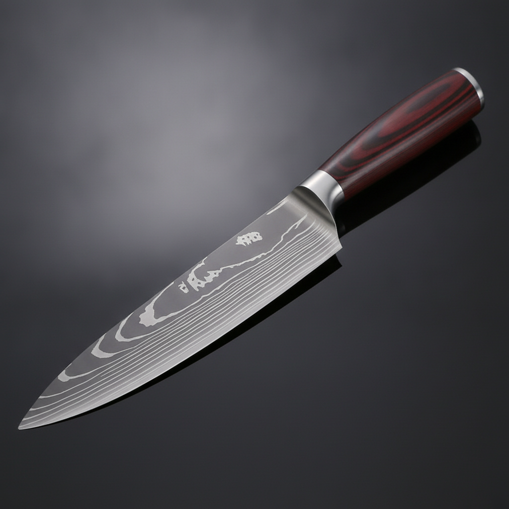 Three-quarter hero of the Damascus-pattern blade and pakkawood handle