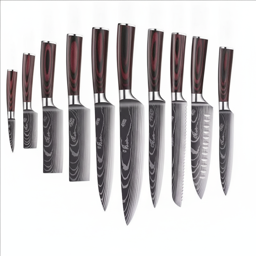 The full range of Damascus-pattern knife shapes laid together as a set