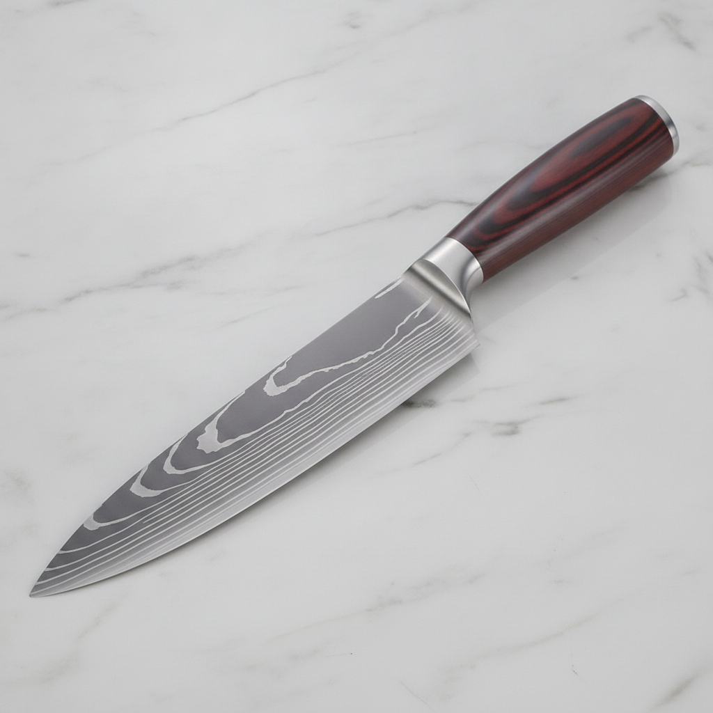 Damascus chef knife with red-brown pakkawood handle on marble
