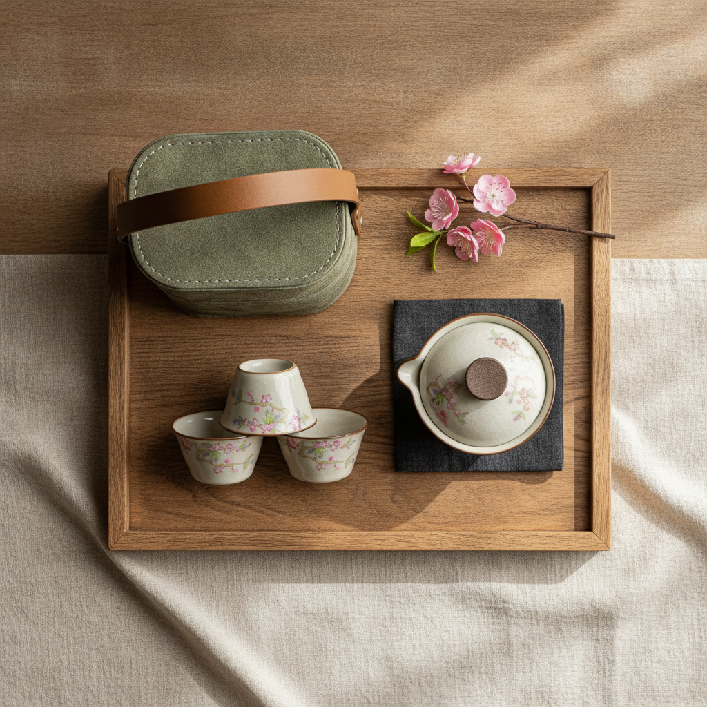 Peach Blossom Kung Fu travel tea set flat-lay hero