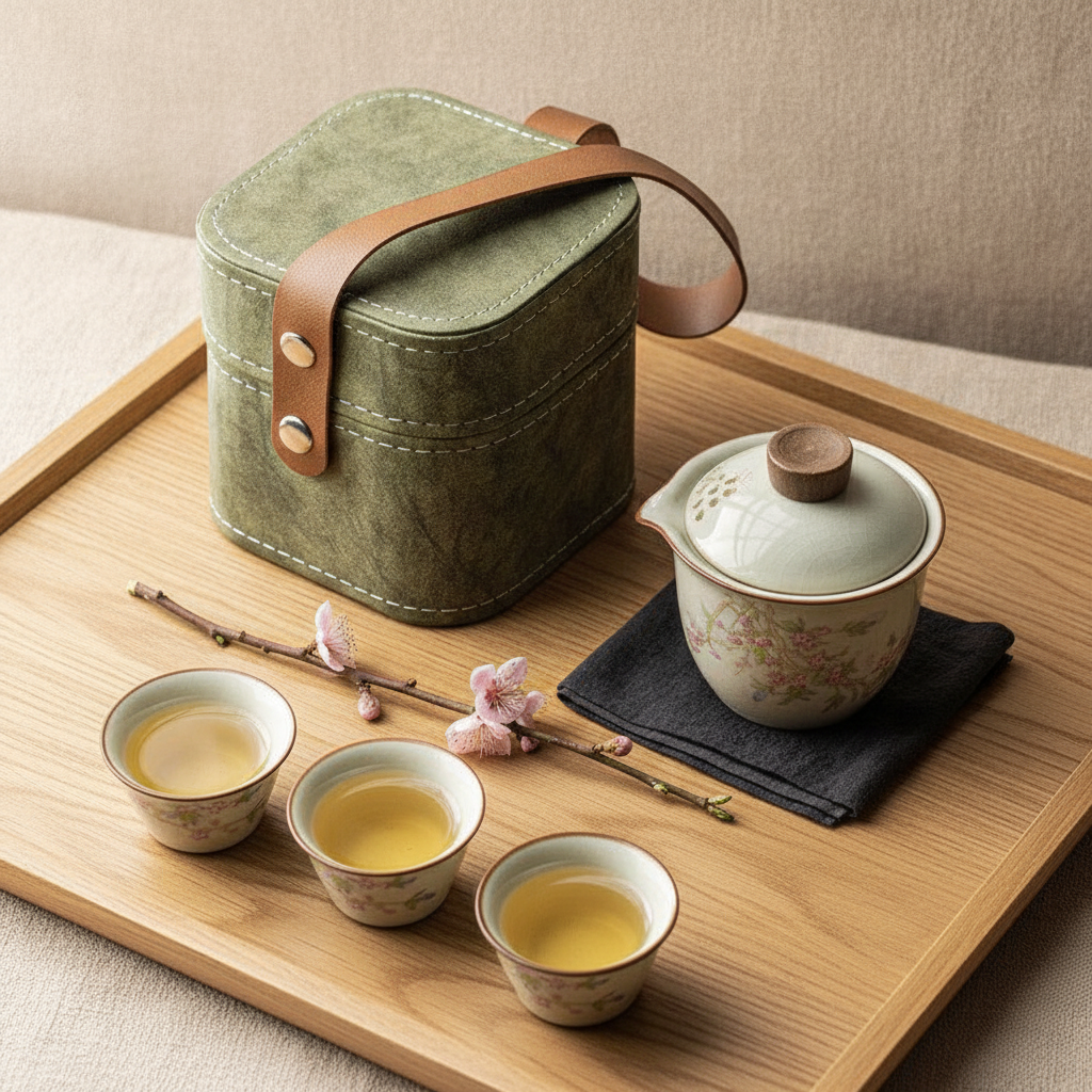 Peach-blossom Kung Fu travel tea set collection arranged on a wood tea tray