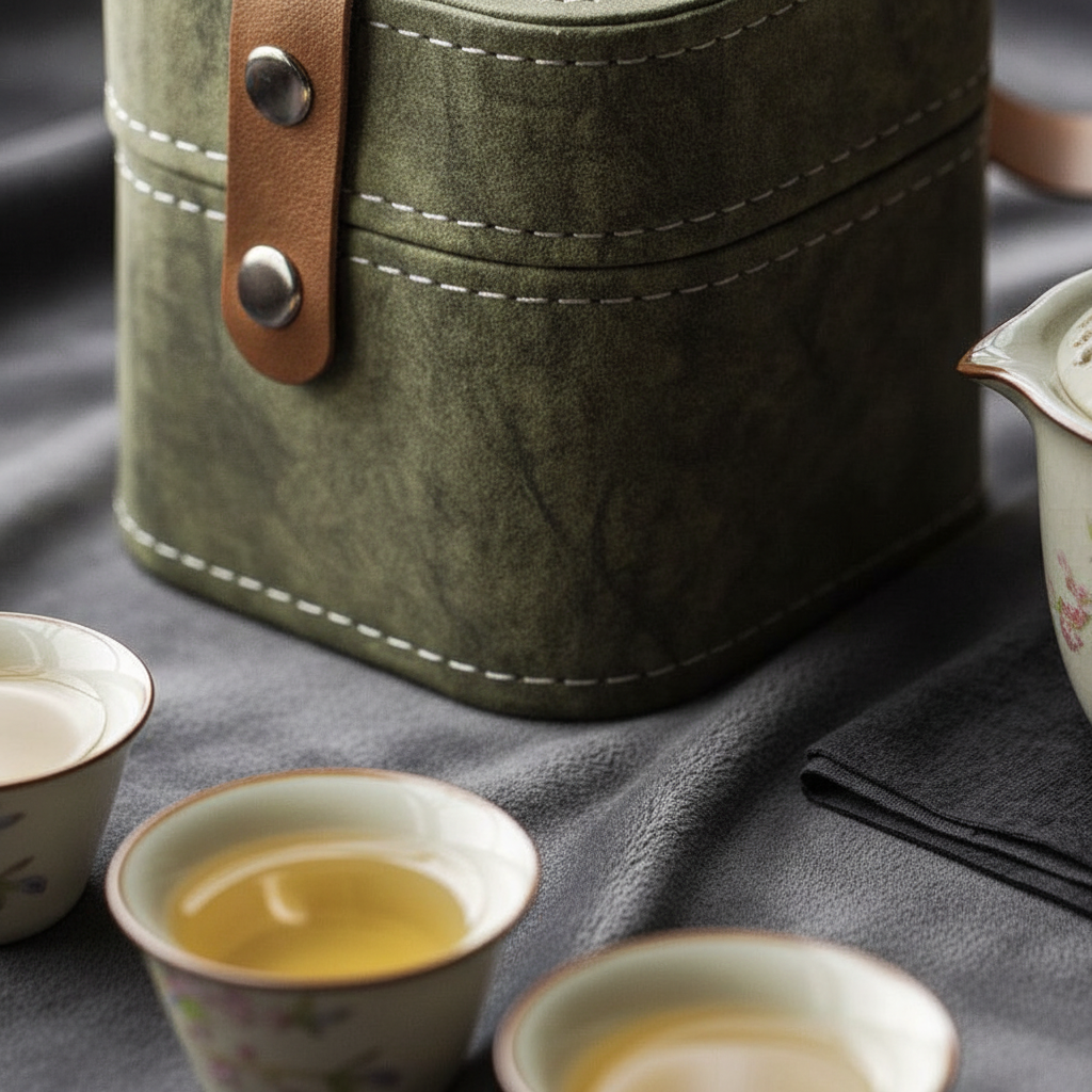 Close-up macro detail of the peach-blossom pattern on the travel tea set case and cups