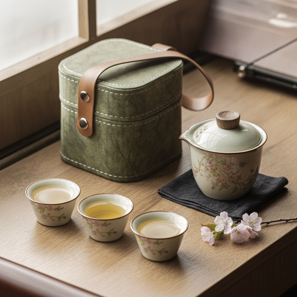 Minimal beauty shot of the peach-blossom Kung Fu travel tea set with a floral sprig
