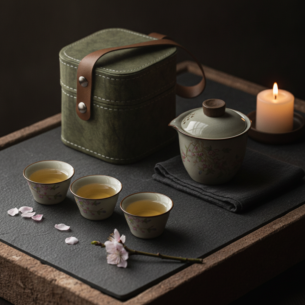 Moody dark editorial shot of the travel tea set on slate with a lit candle and petals