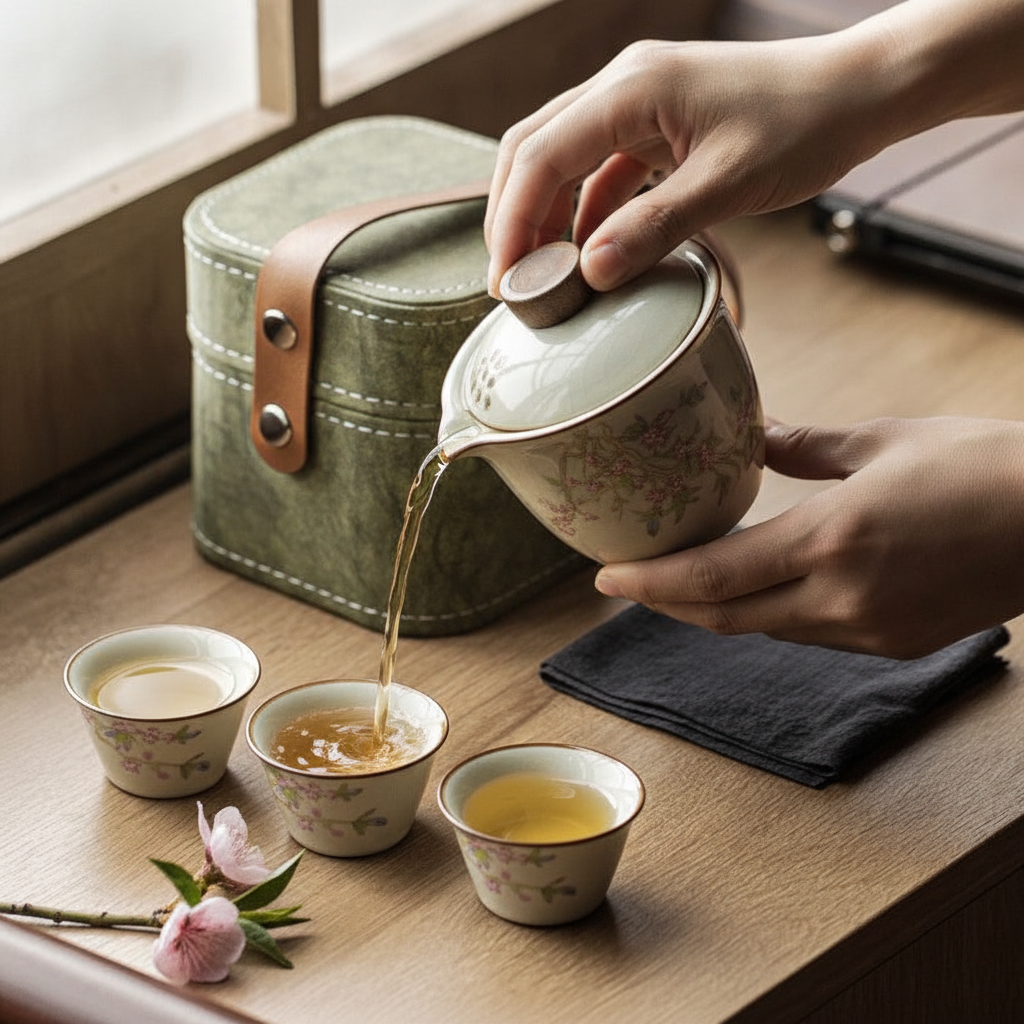 Tea poured into small cups from the peach-blossom gaiwan in a calm tea-ceremony scene