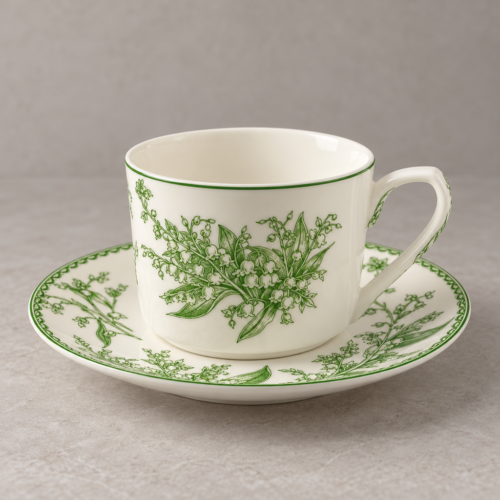 Lily of the Valley cup and saucer floral glaze detail