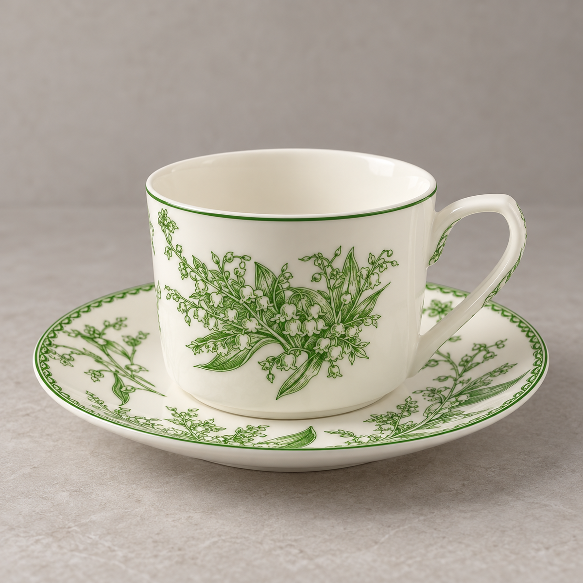 Lily of the Valley cup and saucer floral glaze detail