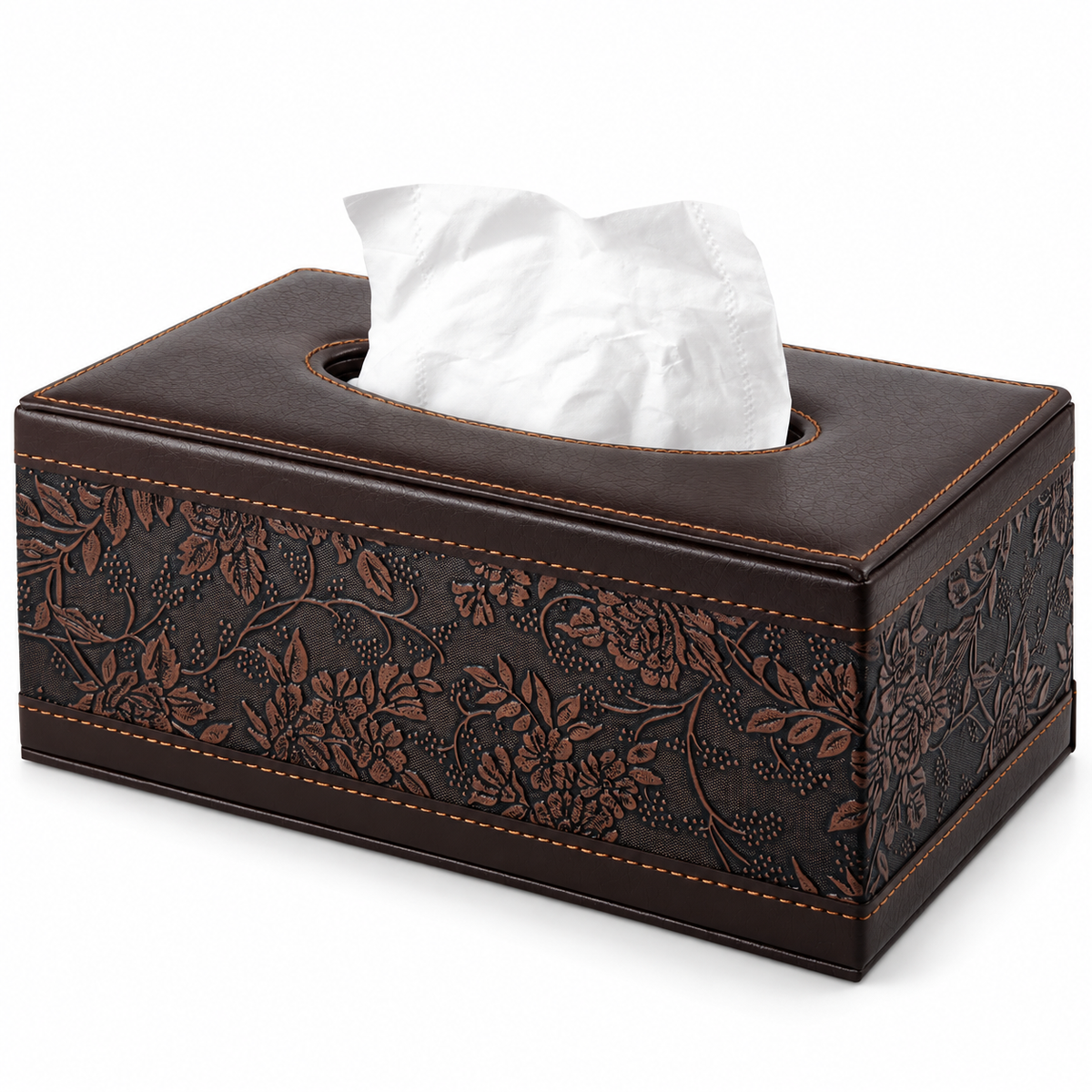 AI-derived product image: dark brown embossed rectangular tissue box cover on white, with tissues loaded; tissues not included.