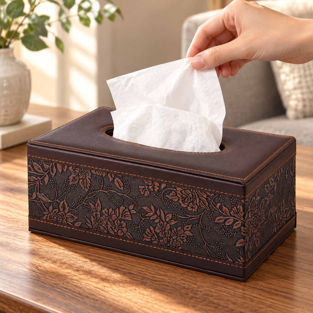 AI-derived lifestyle image: hand pulling a tissue from the brown embossed cover on a wooden side table; tissues and props not included.