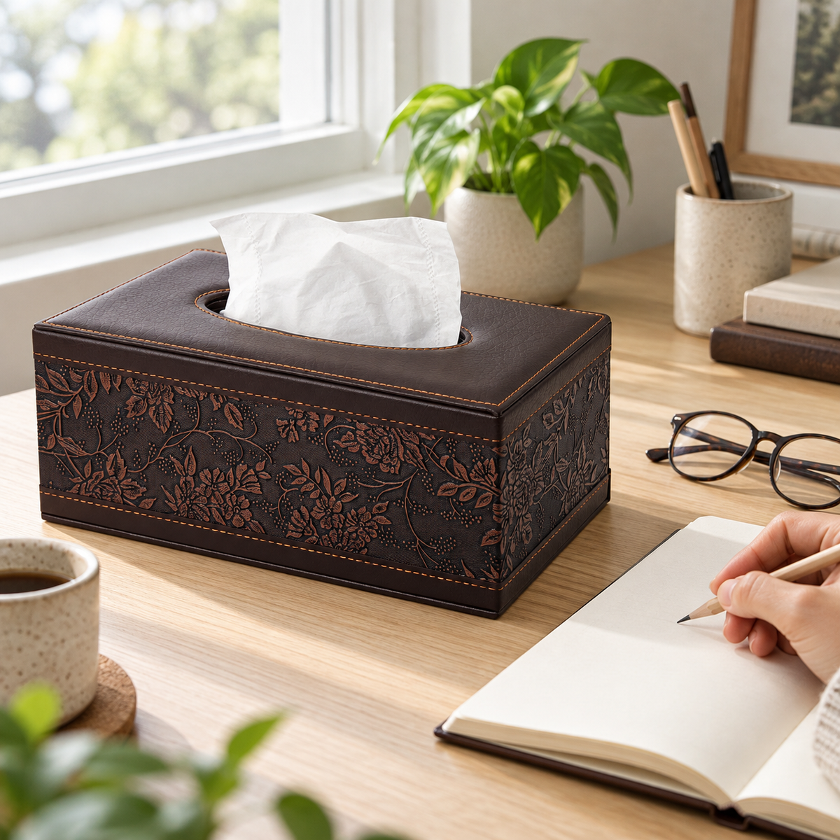 AI-derived lifestyle image: brown embossed tissue cover beside a notebook and glasses while a hand writes; tissues and props not included.
