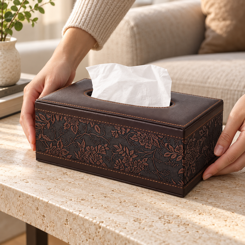 AI-derived lifestyle image: hands placing the brown embossed tissue cover level on a sofa-side table; tissues and props not included.