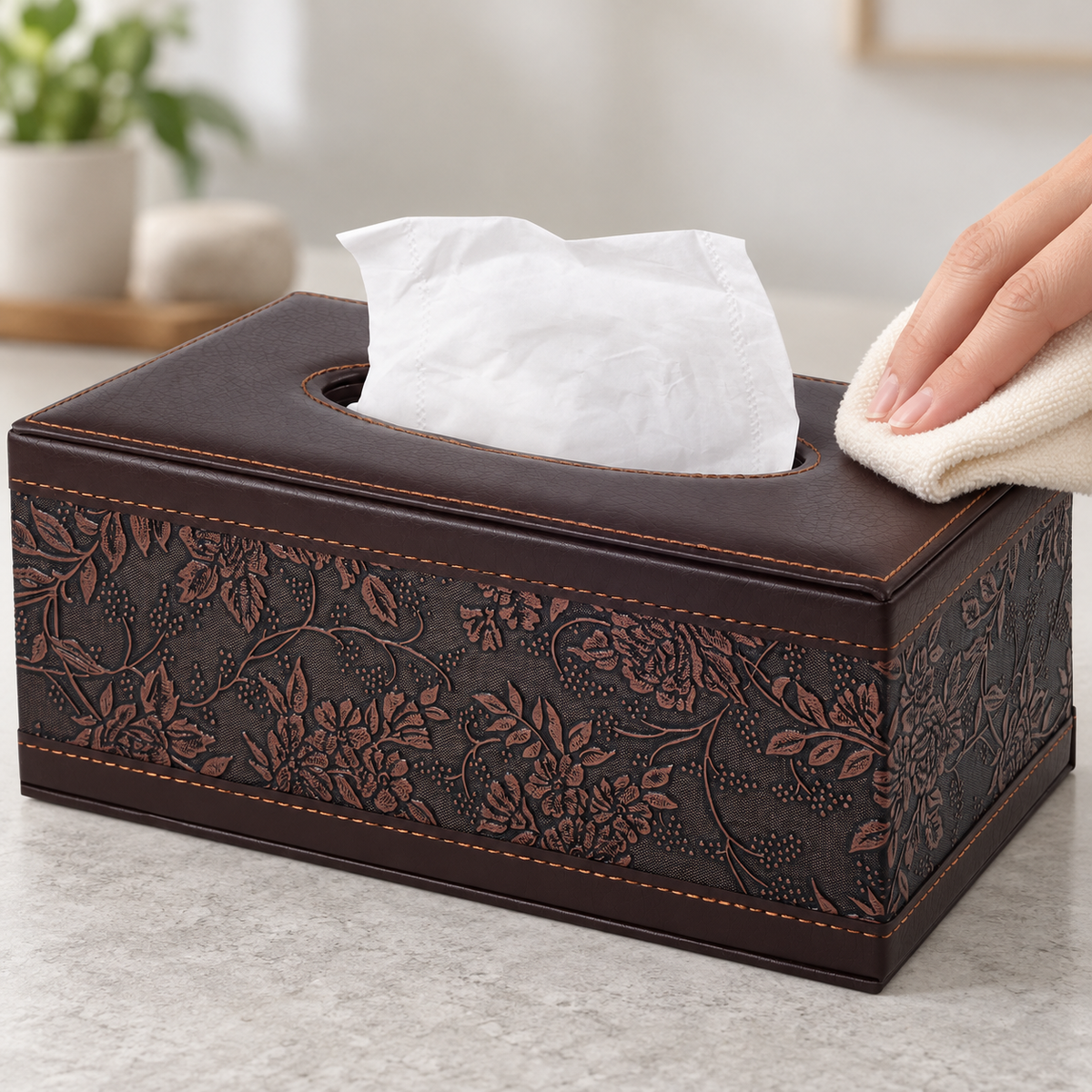 AI-derived lifestyle image: hand gently wiping the brown tissue cover's top corner with a dry soft cloth; tissues and props not included.