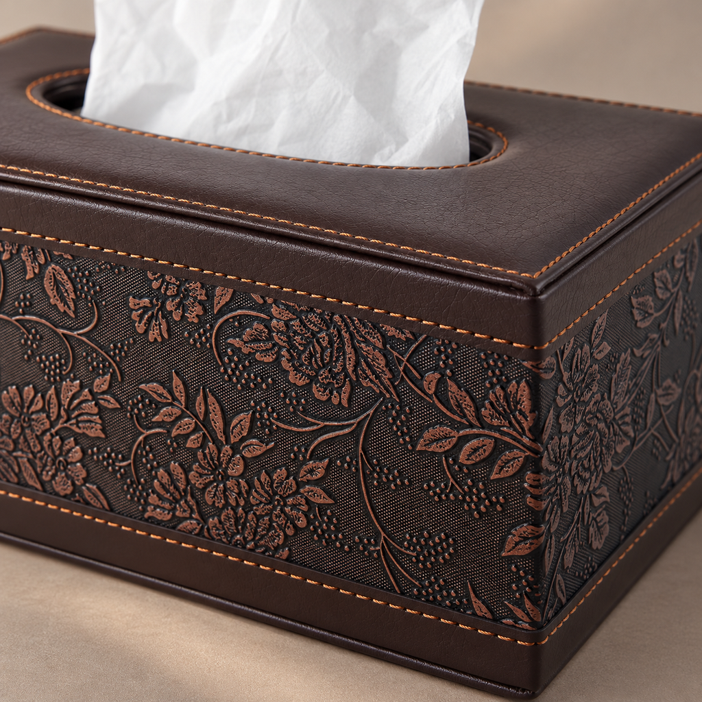AI-derived detail image: floral embossing, tan seams and front-right corner of the brown tissue cover, with tissue visible; tissues and props not included.