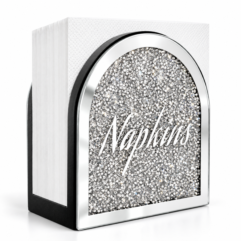 Mirrored arched napkin holder filled with white napkins on white. Napkins and styling props not included. AI-generated product visualization.