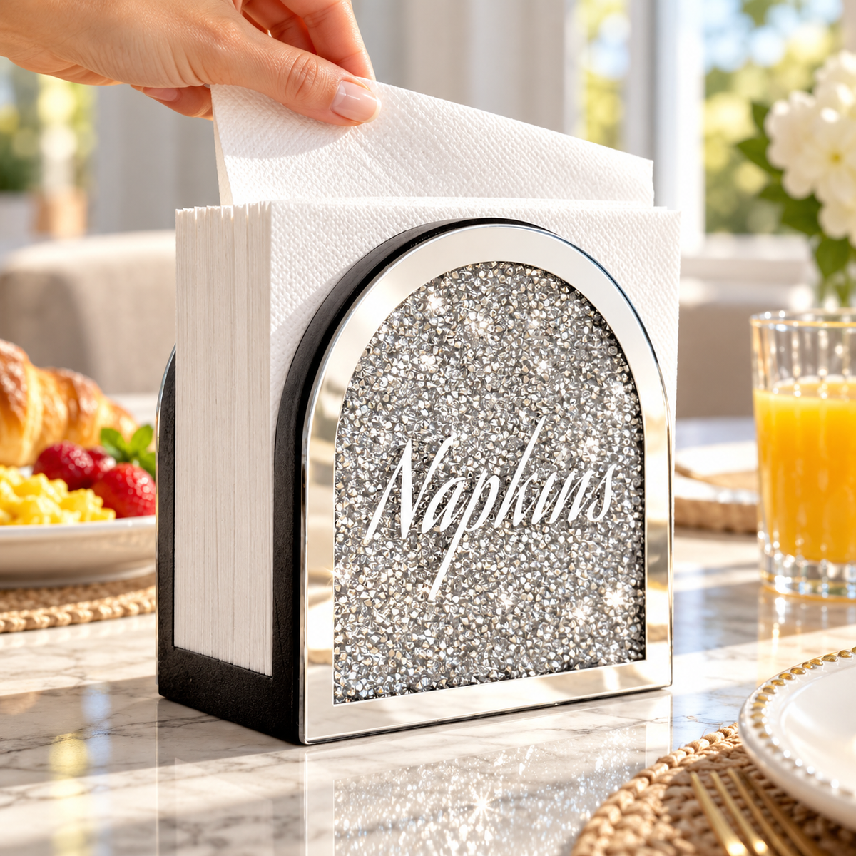 Taking a napkin from the mirrored arched holder. Napkins and styling props not included. AI-generated product visualization.