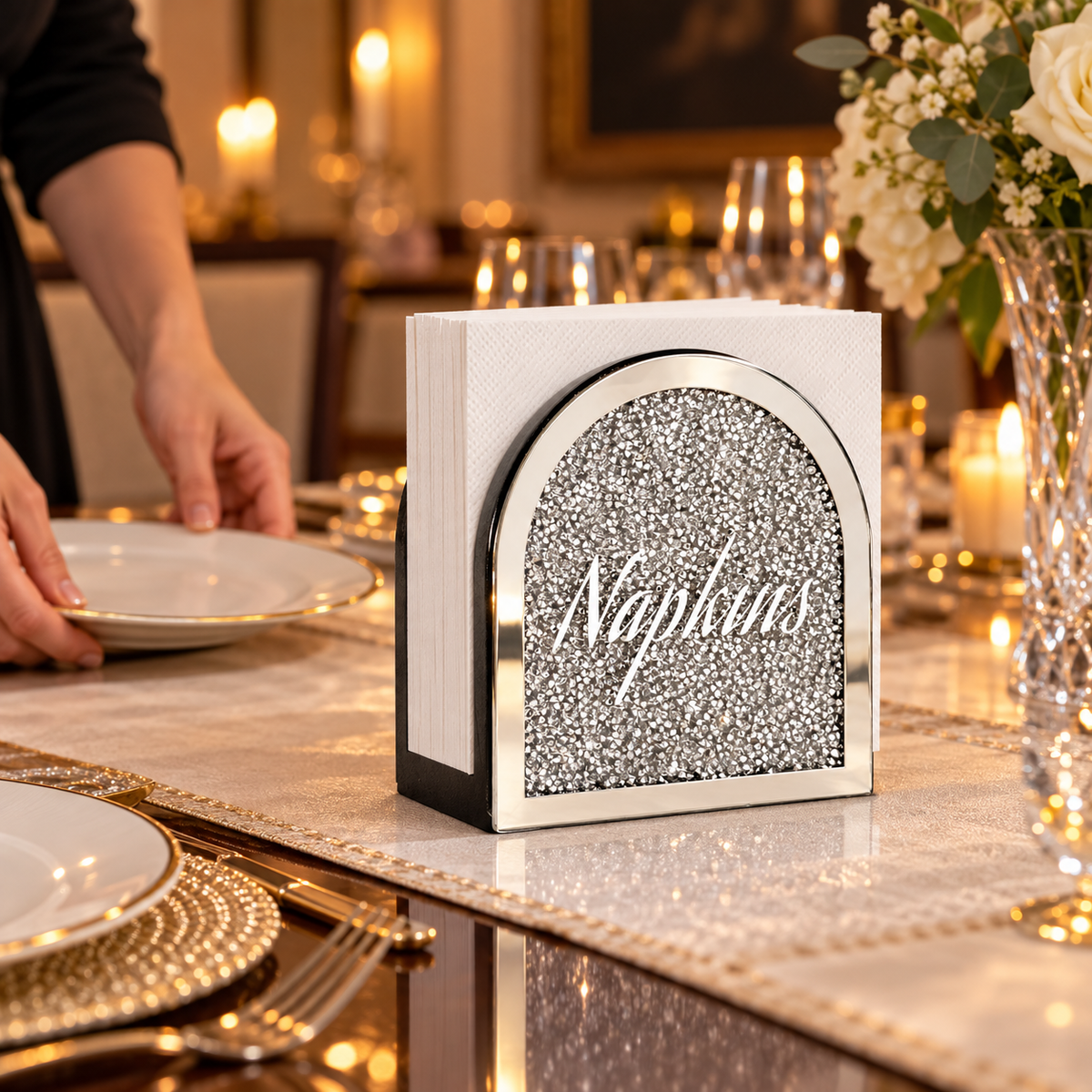Mirrored napkin holder at a formal dining table. Napkins and styling props not included. AI-generated product visualization.