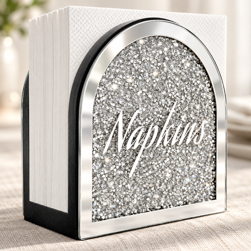 Detail of mirrored arched border and original Napkins lettering. Napkins and styling props not included. AI-generated product visualization.