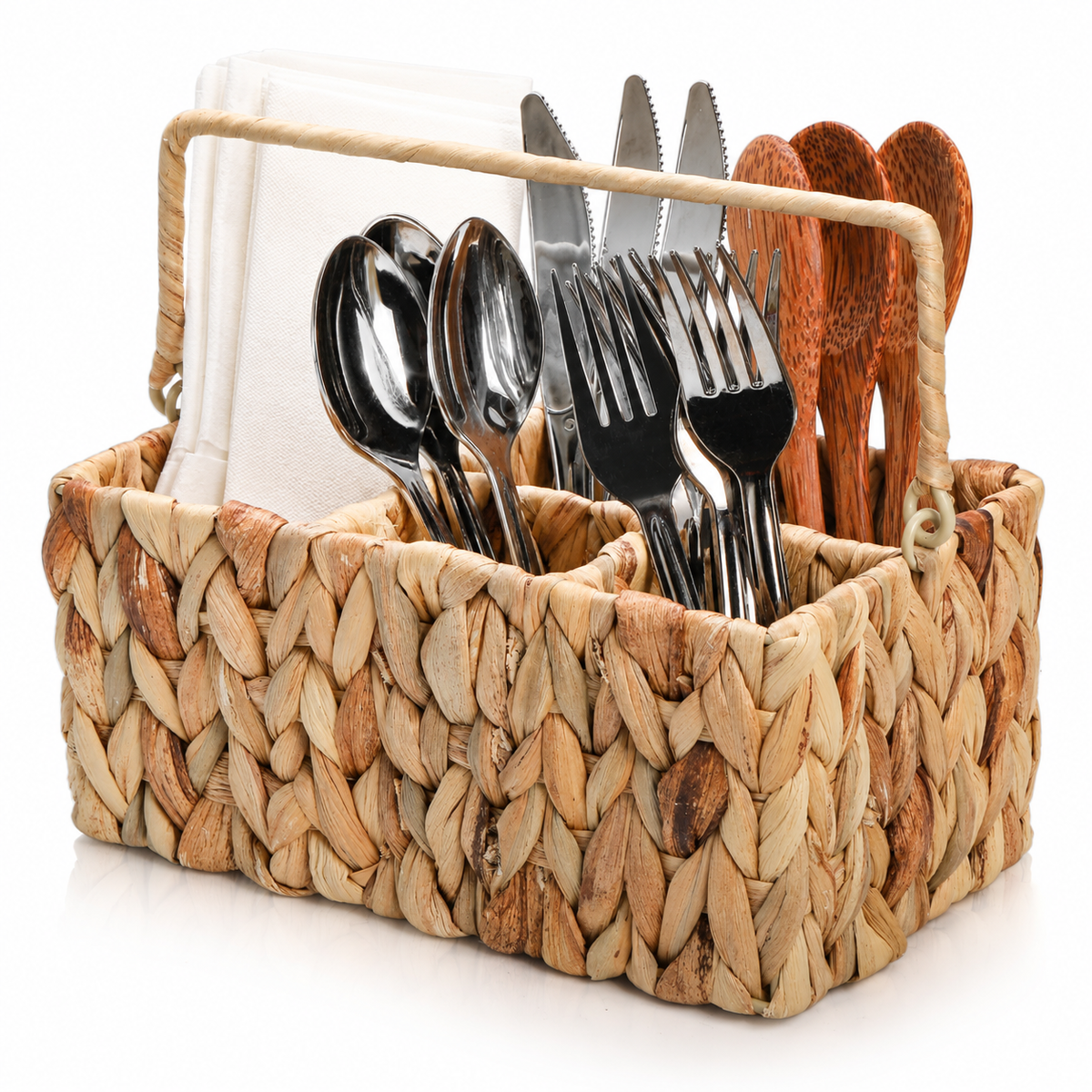Loaded woven utensil caddy on white. Utensils, napkins and styling props not included. AI-generated product visualization.