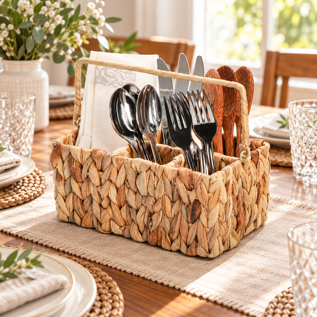 Woven utensil caddy on a set dining table. Utensils, napkins and styling props not included. AI-generated product visualization.