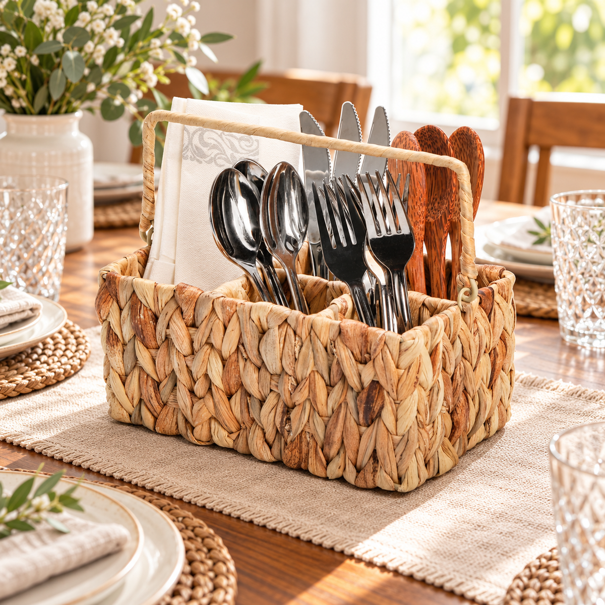 Woven utensil caddy on a set dining table. Utensils, napkins and styling props not included. AI-generated product visualization.