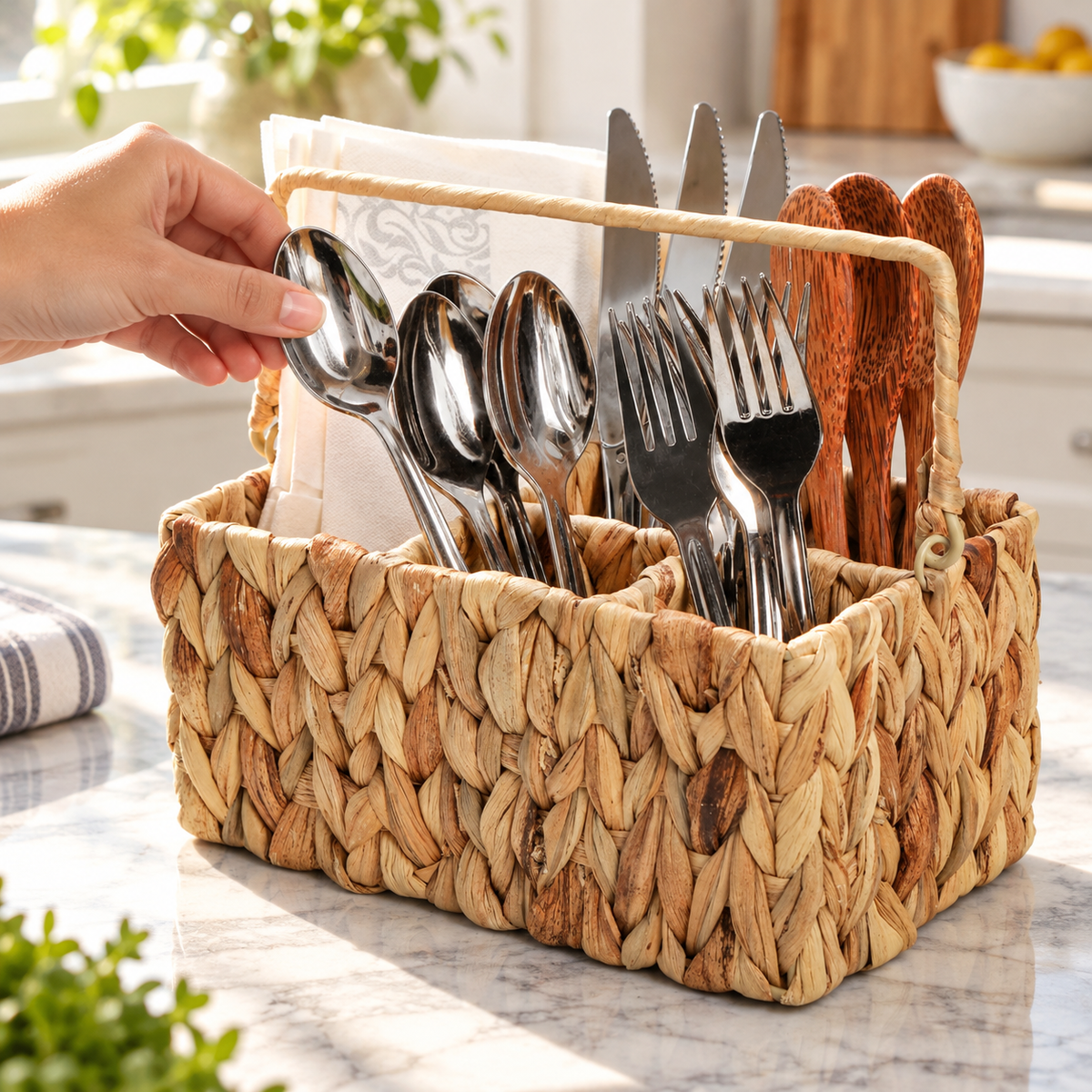 Taking a spoon from the woven utensil caddy. Utensils, napkins and styling props not included. AI-generated product visualization.