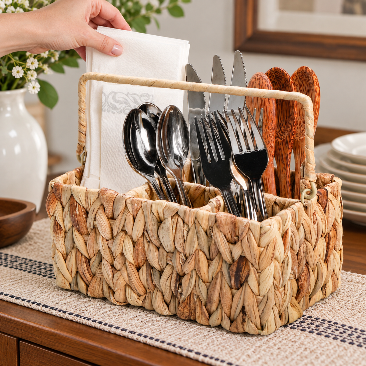 Adding napkins to the woven utensil caddy. Utensils, napkins and styling props not included. AI-generated product visualization.