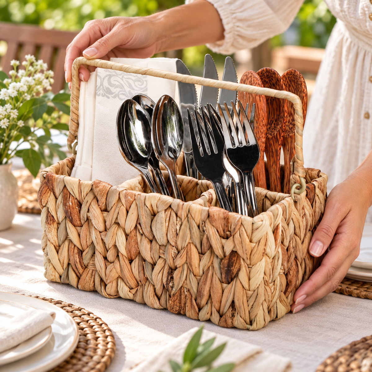 Setting woven utensil caddy on a patio table. Utensils, napkins and styling props not included. AI-generated product visualization.