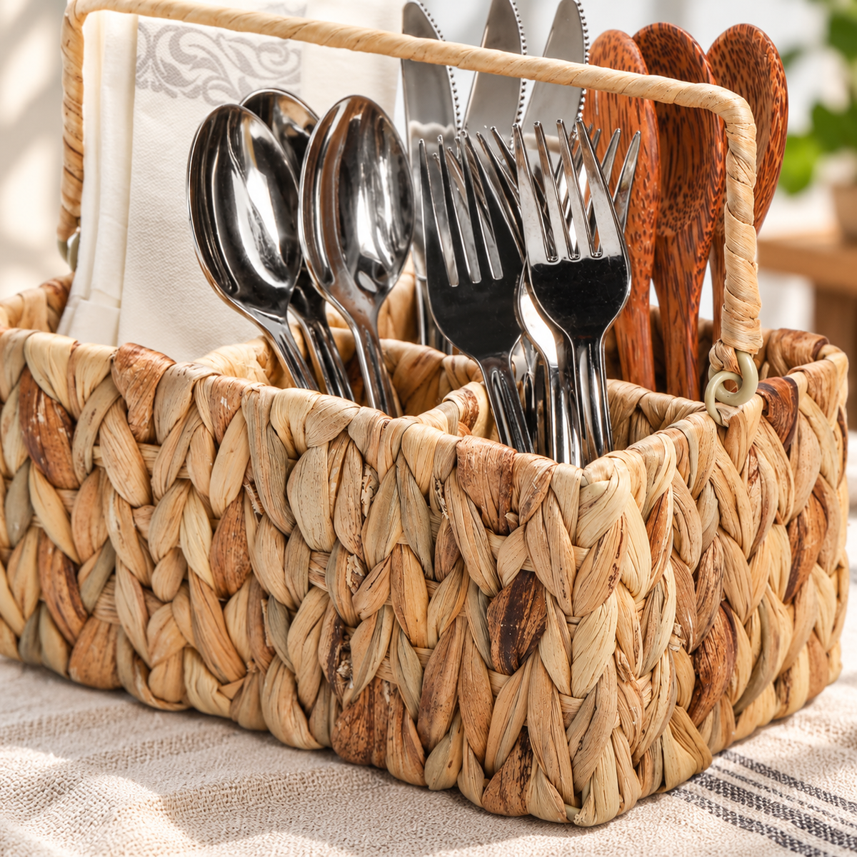 Detail of woven caddy front corner and handle ring. Utensils, napkins and styling props not included. AI-generated product visualization.