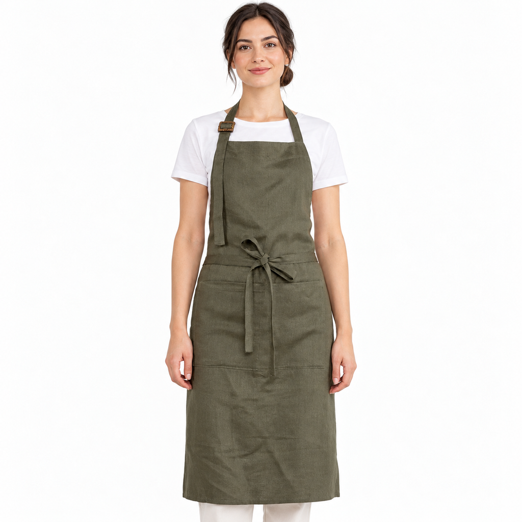 AI-derived front view of the dark olive green apron on a white background. Clothing and styling props are not included.
