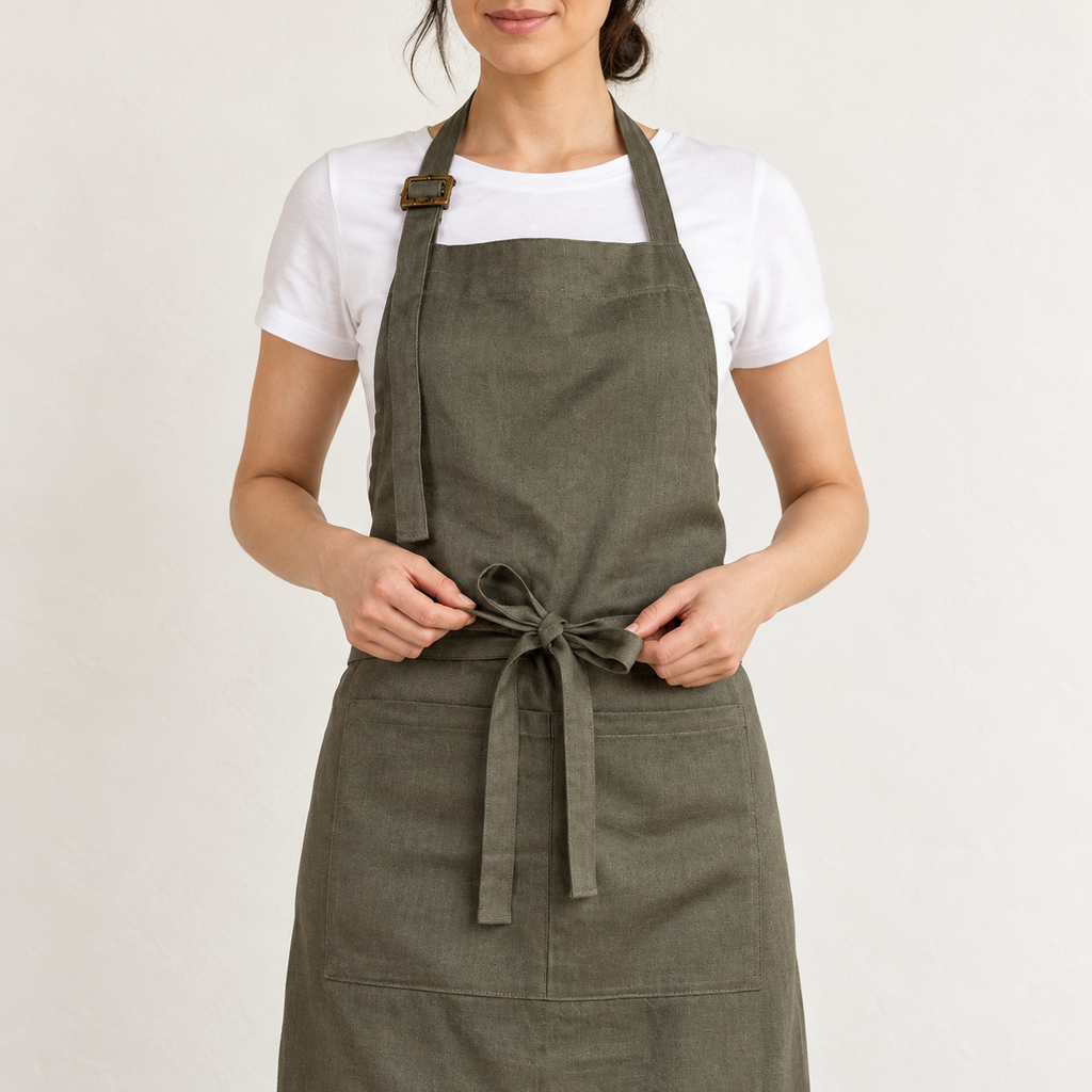 AI-derived image of hands adjusting the olive green apron's front waist bow. Clothing and styling props are not included.