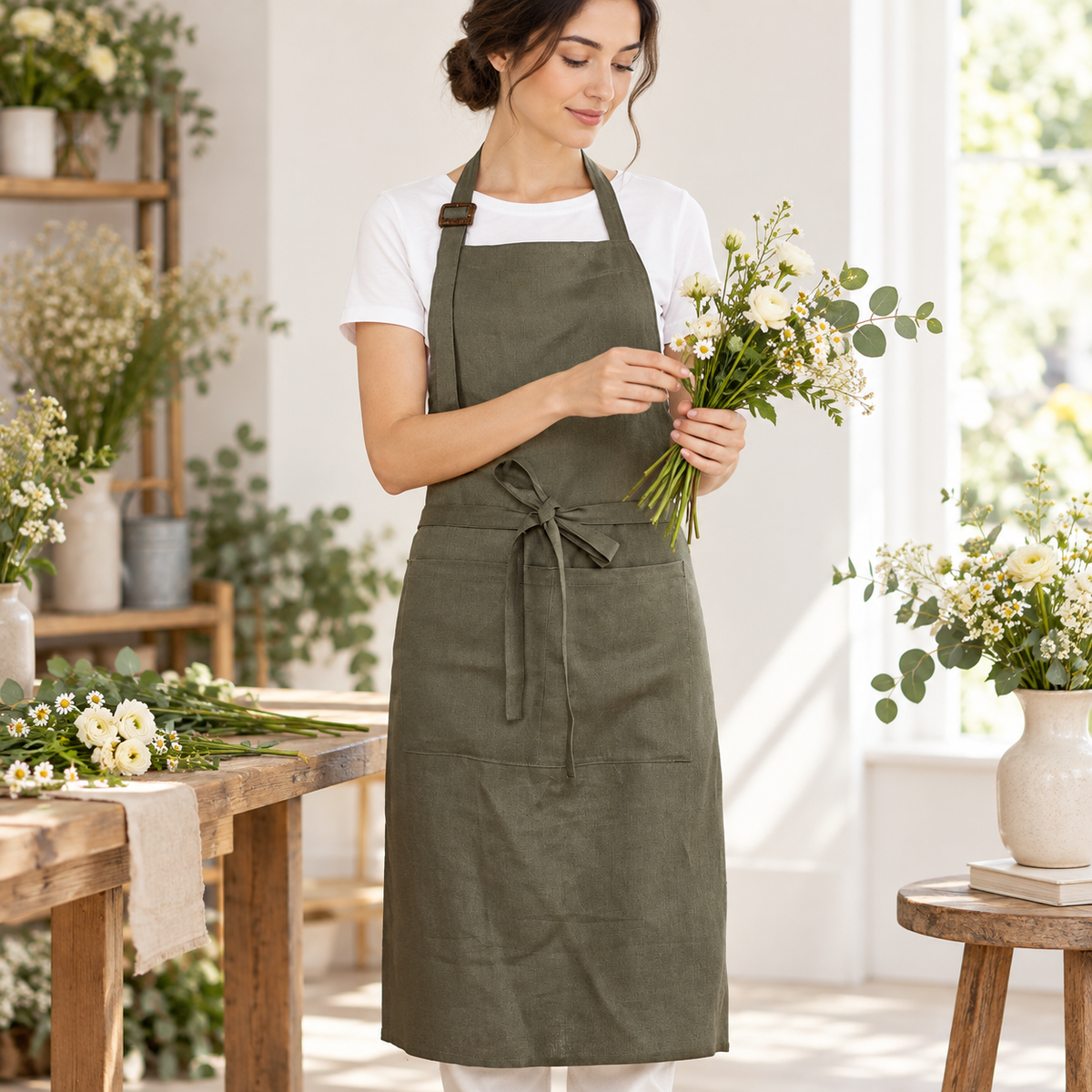 AI-derived image of olive green apron during flower arranging. Flowers, vase, clothing and styling props are not included.