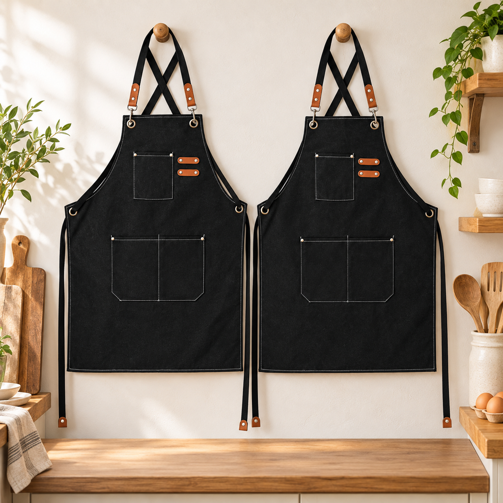Two matching black three-pocket aprons displayed front-facing together. Kitchen decor is styling only.
