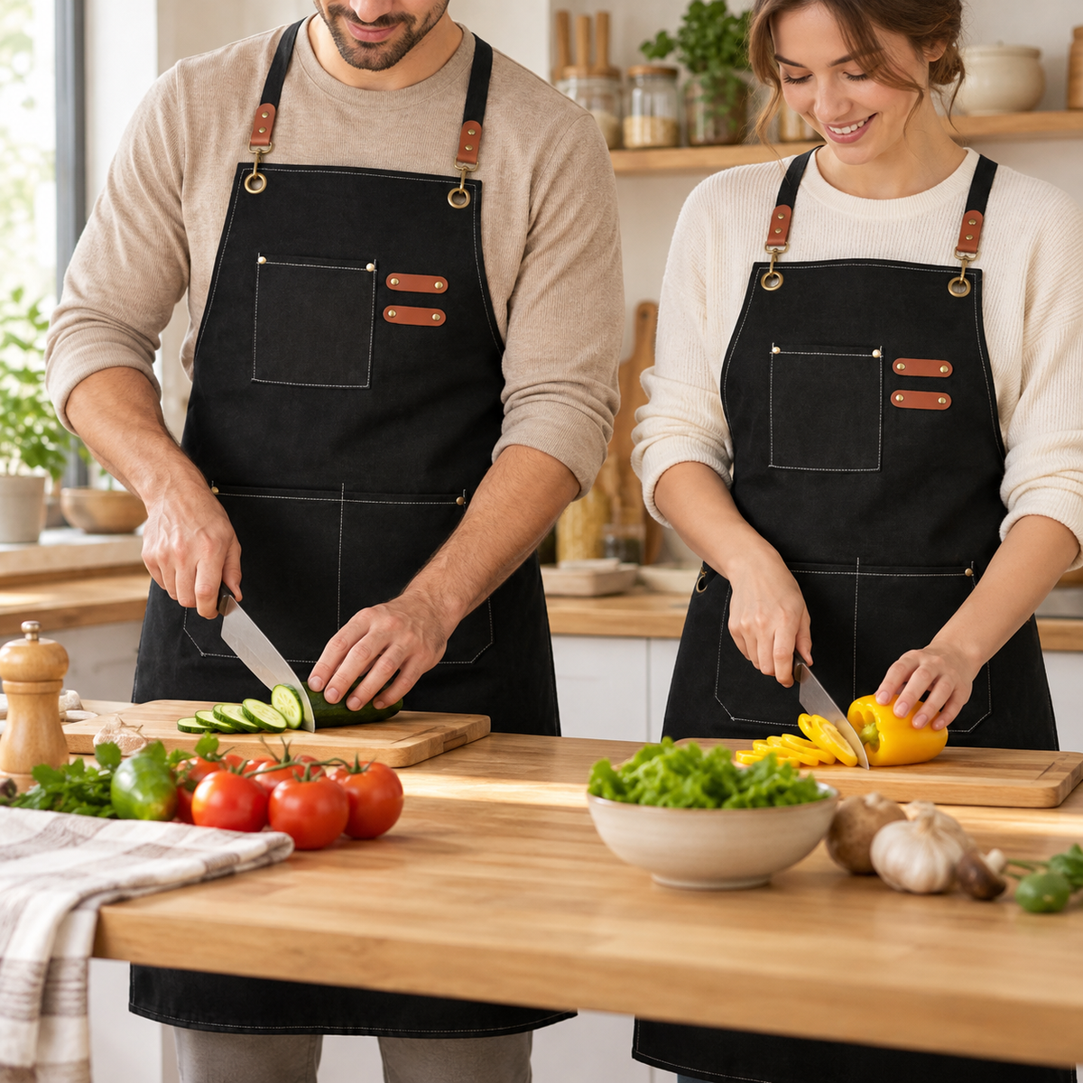 Two adults wearing the matching black aprons while preparing vegetables. Clothing, food and utensils are props, not included.
